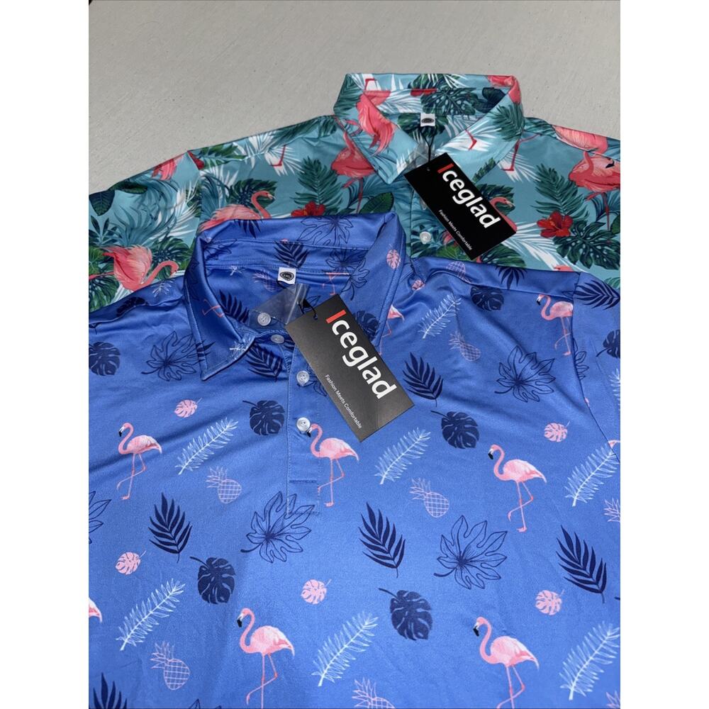 Iceglad Men's Short Sleeve Flamingos Polo Shirt Blue Size XL (Lot Of 2) NWT